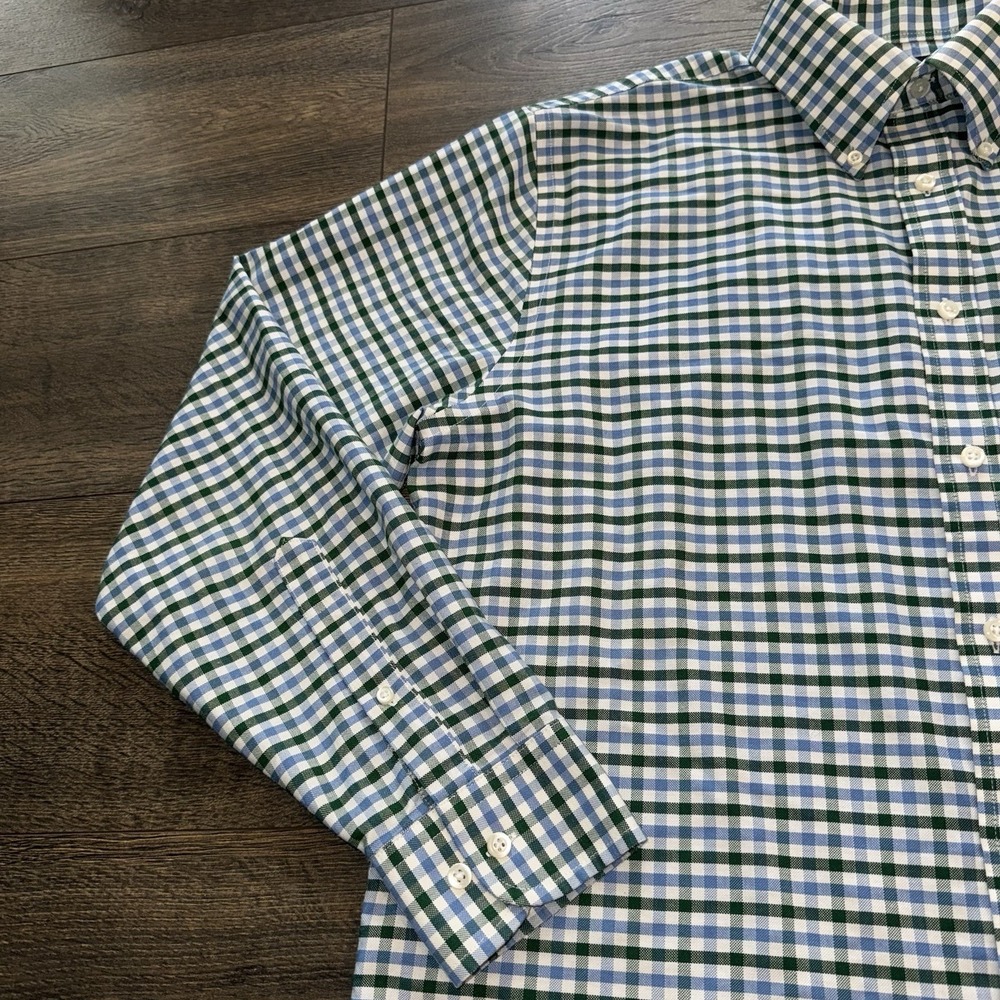 Stafford Mens 2XL Oxford Dress Shirt Button Up Cotton Green Blue Gingham Plaid - Picture 9 of 16